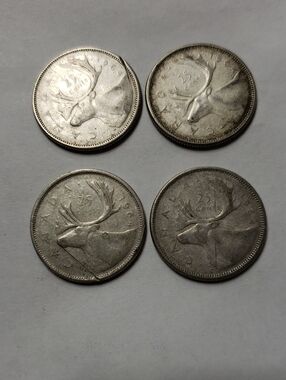 Set of 4 1964 25 Cent Coins with Caribou Design - 80% Silver